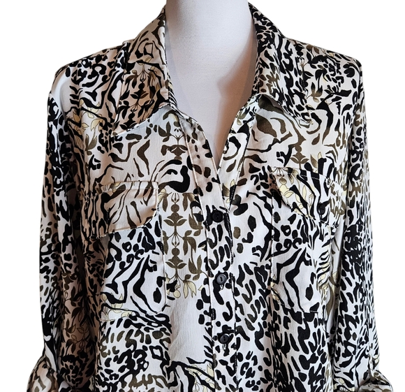 Notations Woman Floral Animal Print Button Down Shirt Size 3X Roll Tab Sleeves - Picture 3 of 14